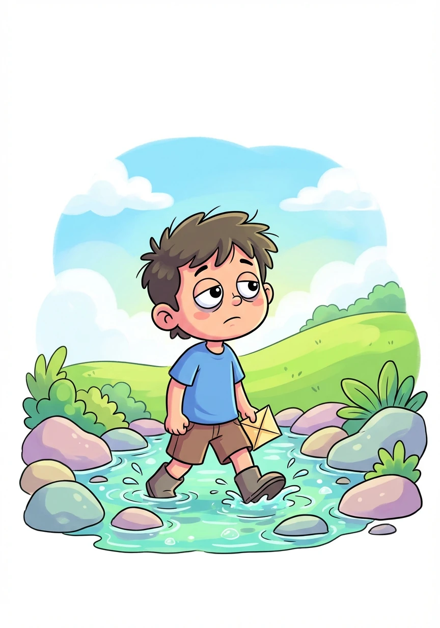 Rohan continues his quest, climbing over rocky terrain and wading through a shallow stream. He is tired and disheartened, but the thought of his kite keeps him going.