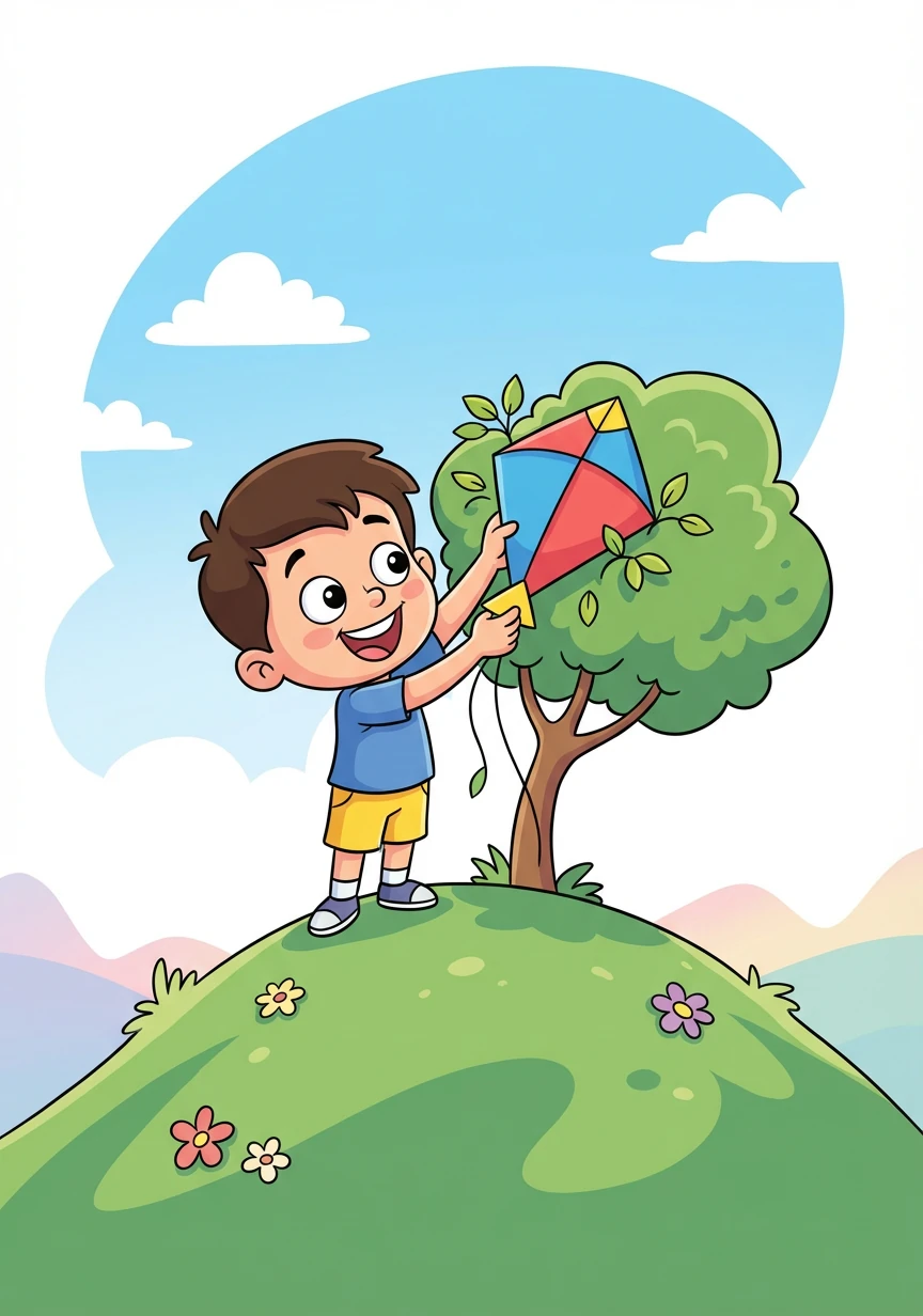 Finally, Rohan reaches the top of the highest hill and spots his kite tangled in the branches of a small tree. His face lights up with joy as he carefully retrieves it.