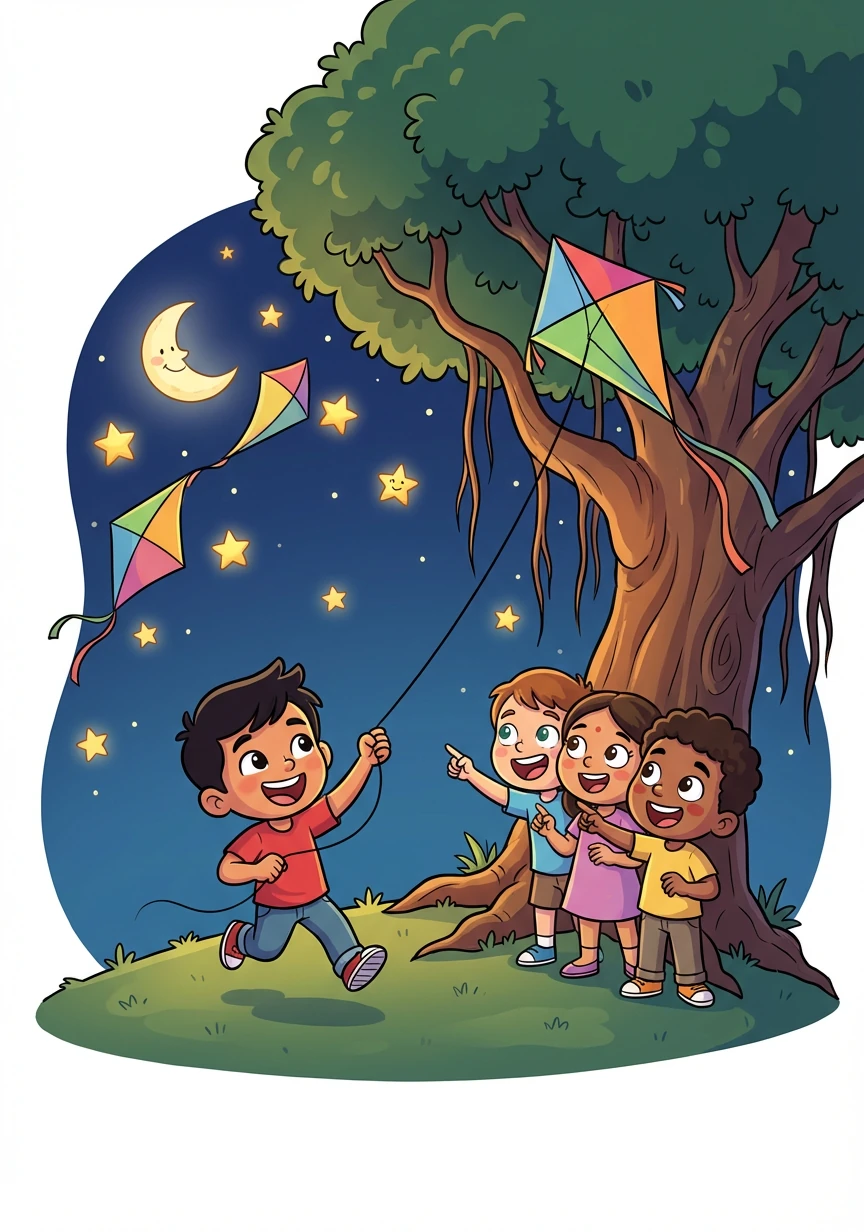 As the stars begin to twinkle in the night sky, Rohan flies his kite once more, its colors vibrant against the dark canvas. He shares his adventure with his friends, and they all laugh together under the watchful eyes of the banyan tree, feeling the warmth of friendship and community.