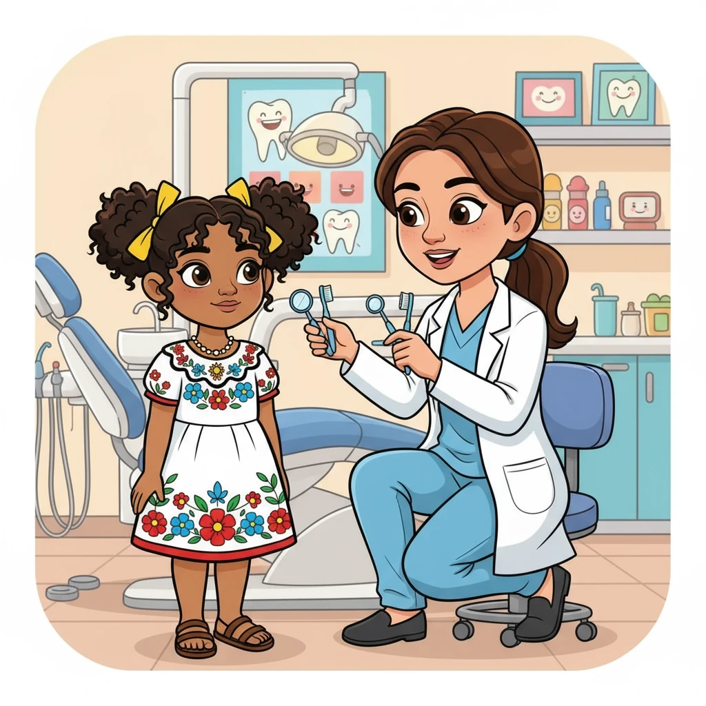 En AK Sonrisas, Sofía conoció a la Dra. Ana, una dentista amable y sonriente. La Dra. Ana le explicó todo lo que iba a hacer de manera sencilla y amigable. Le mostró los instrumentos y le aseguró que todo estaría bien. Sofía se sintió más tranquila.