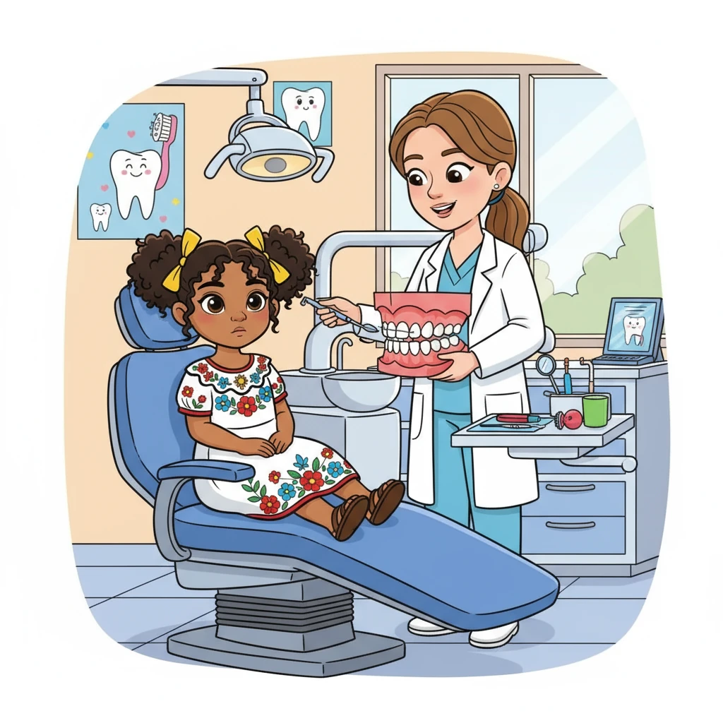 La Dra. Ana revisó los dientes de Sofía con cuidado y le explicó que necesitaba un pequeño tratamiento para cerrar el espacio entre sus dientes. Le mostraron cómo sería el proceso, usando un modelo de dientes. Sofía, con valentía, aceptó.