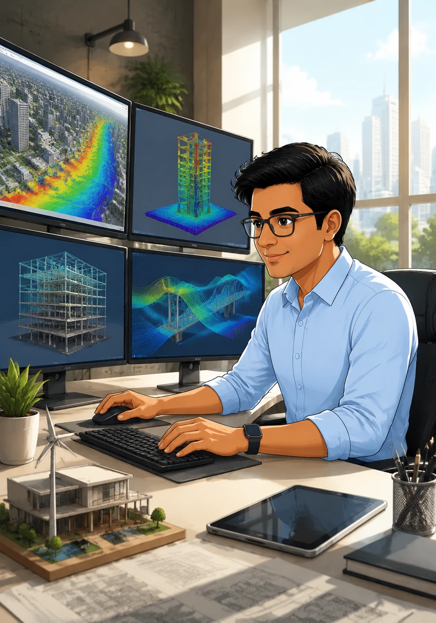 Aryan sits in a sunlit, high-tech design studio, surrounded by multiple monitors displaying intricate structural simulations and climate-resilient designs. He demonstrates that modern engineering is a sophisticated blend of creative design and powerful software, far removed from the manual labor myths of the past.
