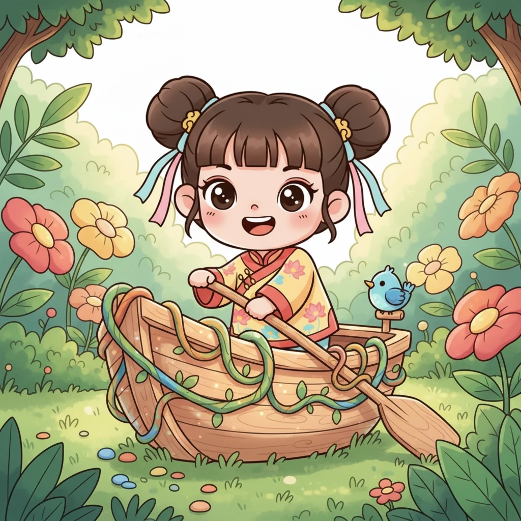 在一個陽光普照的早晨，小雲在奶奶家後院發現了一艘閃閃發光的小船，它被七彩藤蔓纏繞著，彷彿在等待一場冒險。小雲好奇地爬了進去，她的臉上洋溢著興奮的笑容，小船的槳柄上雕刻著一隻可愛的小鳥。