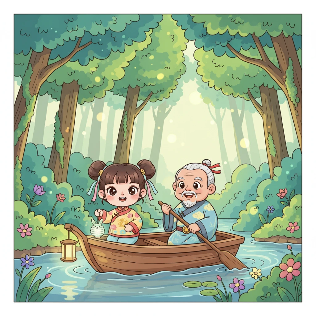 小船緩緩駛入一片神秘的森林，樹木高大茂盛，樹葉在微風中沙沙作響，發出悅耳的聲音。空氣中瀰漫著甜甜的花香，陽光透過樹葉間隙灑下，形成斑駁的光影，讓森林充滿了魔法般的氛圍。