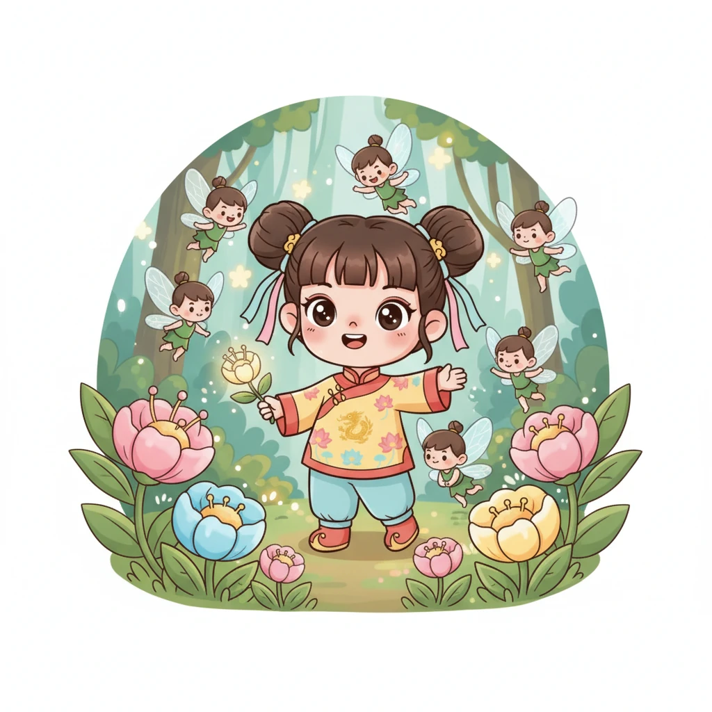 小雲發現了一群小小的森林精靈，他們有著透明的翅膀，在花朵間嬉戲飛舞。精靈們圍繞著小雲，好奇地打量著她，其中一個精靈還將一朵發光的小花送給了她，小雲開心地接過花朵。