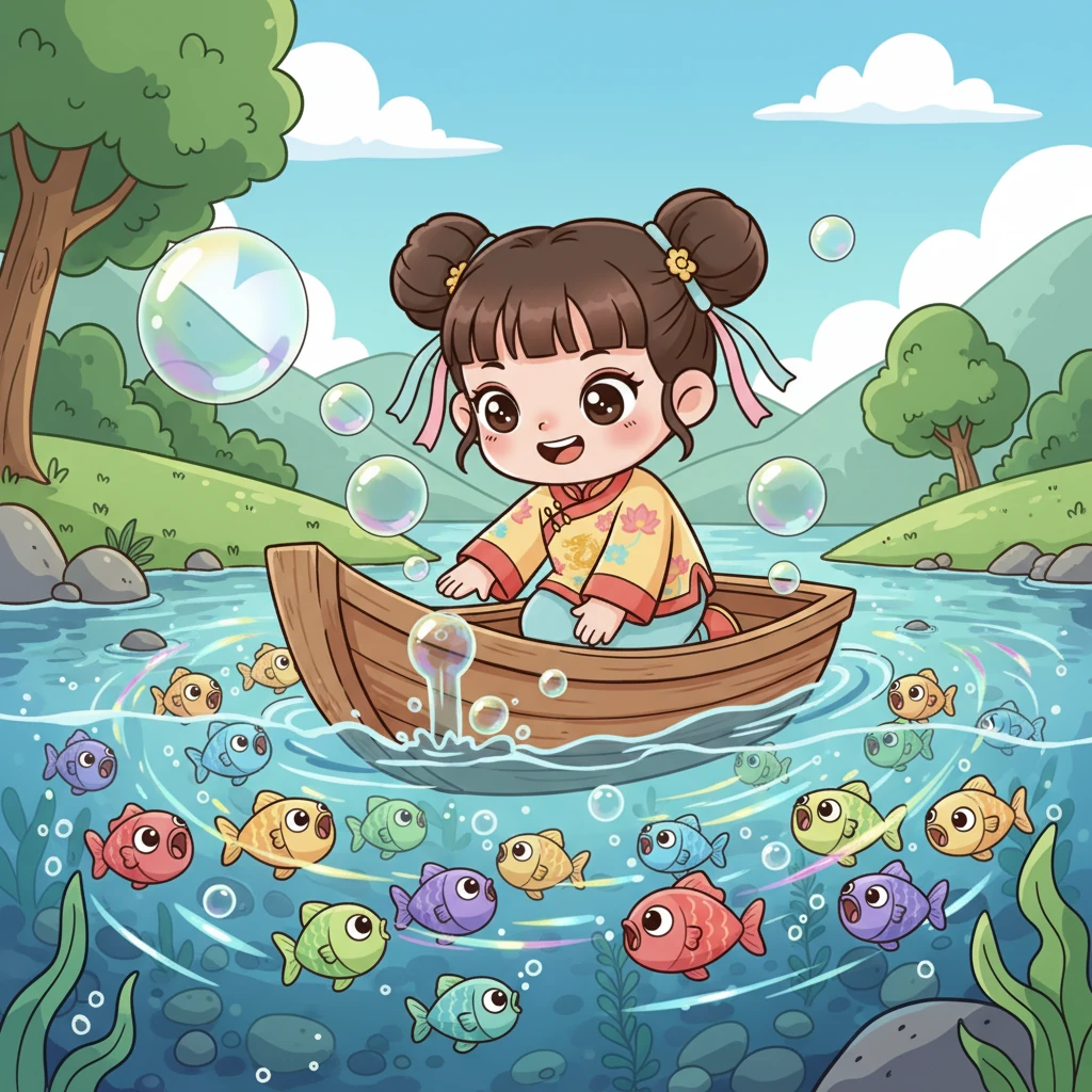 小船來到一條清澈見底的河流，河裡有許多會說話的魚兒，牠們的鱗片閃爍著彩虹般的光芒。魚兒們圍繞著小船，用泡泡和歌聲歡迎小雲，小雲伸出手輕輕觸摸水面，感受著牠們的友好。