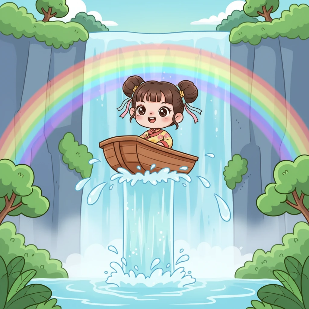 河流的盡頭是一個巨大的瀑布，水花飛濺，彩虹高掛。小雲沒有害怕，反而感到一陣興奮，小船被水流輕柔地托起，緩緩地向上漂浮，她好奇地望向瀑布的頂端。