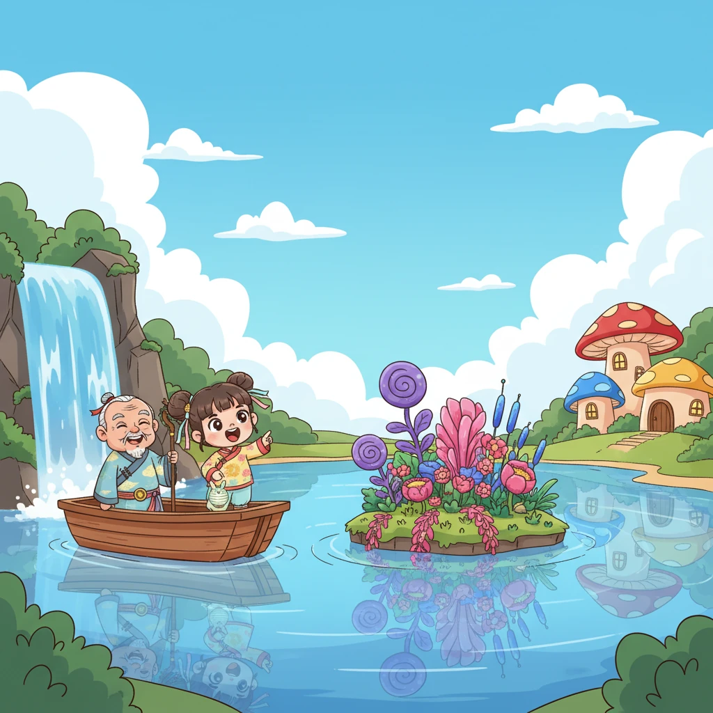 小船穿過瀑布，來到一個隱藏的湖泊，湖面平靜如鏡，倒映著湛藍的天空和周圍奇特的蘑菇屋。湖中央有一座漂浮的小島，上面長滿了五顏六色的植物，小雲感到這是一個充滿奇蹟的地方。