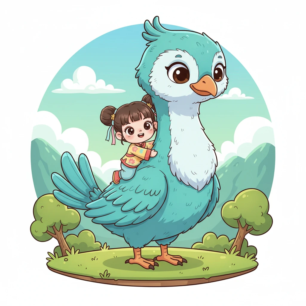 島上住著一隻友善的巨鳥，牠有著柔軟的羽毛和溫柔的眼神。巨鳥輕輕地將小雲抱起，放在牠的背上，小雲感到既驚訝又開心，她緊緊抱住巨鳥的脖子，準備好一場飛翔。