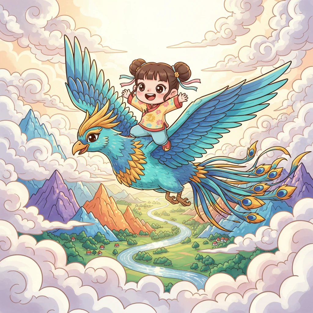 巨鳥帶著小雲飛向天空，穿越雲海，俯瞰著下方如畫般的世界。小雲看到彩色的山脈、閃閃發光的河流和一片片綠色的森林，她從未見過如此壯麗的景色，興奮地張開雙臂。