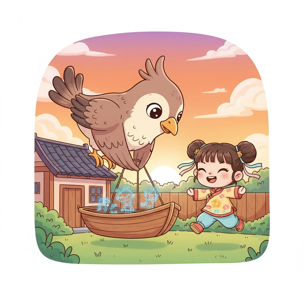 當太陽西沉，天空染上橘紅色的晚霞時，巨鳥輕輕地將小雲送回了奶奶家後院。小雲從小船裡跳出來，臉上掛著滿足的笑容，她回頭望向小船，彷彿還能看見精靈和魚兒的身影。