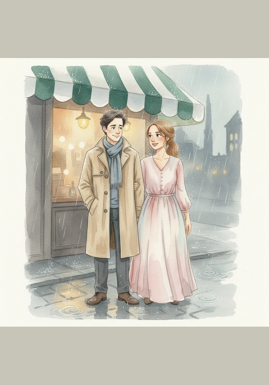 Under a shared awning, two strangers stood as the rain tapped a rhythmic beat on the pavement. Oliver offered a small, shy smile to the woman beside him, and for a fleeting moment, the grey evening felt unexpectedly warm.