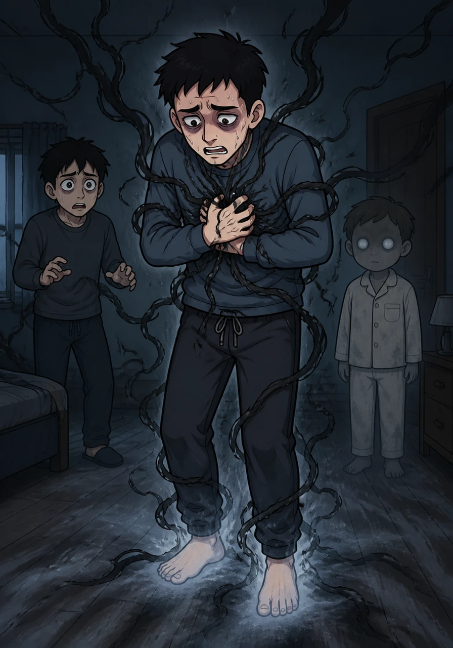 恐惧感如冰冷的藤蔓般死死缠绕住他的心脏，林峰感到呼吸困难，寒意从脚底直窜脊梁。这不是幻觉，也不是恶作剧，一种无法解释的超自然力量正悄然侵蚀着他平凡的生活。