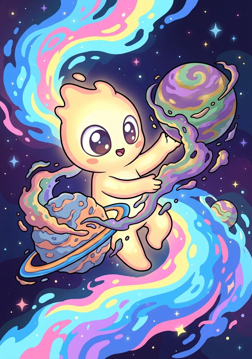 Next, Lumina gathered cosmic dust and molded it into giant, swirling planets, some rocky, some gaseous, all full of potential.