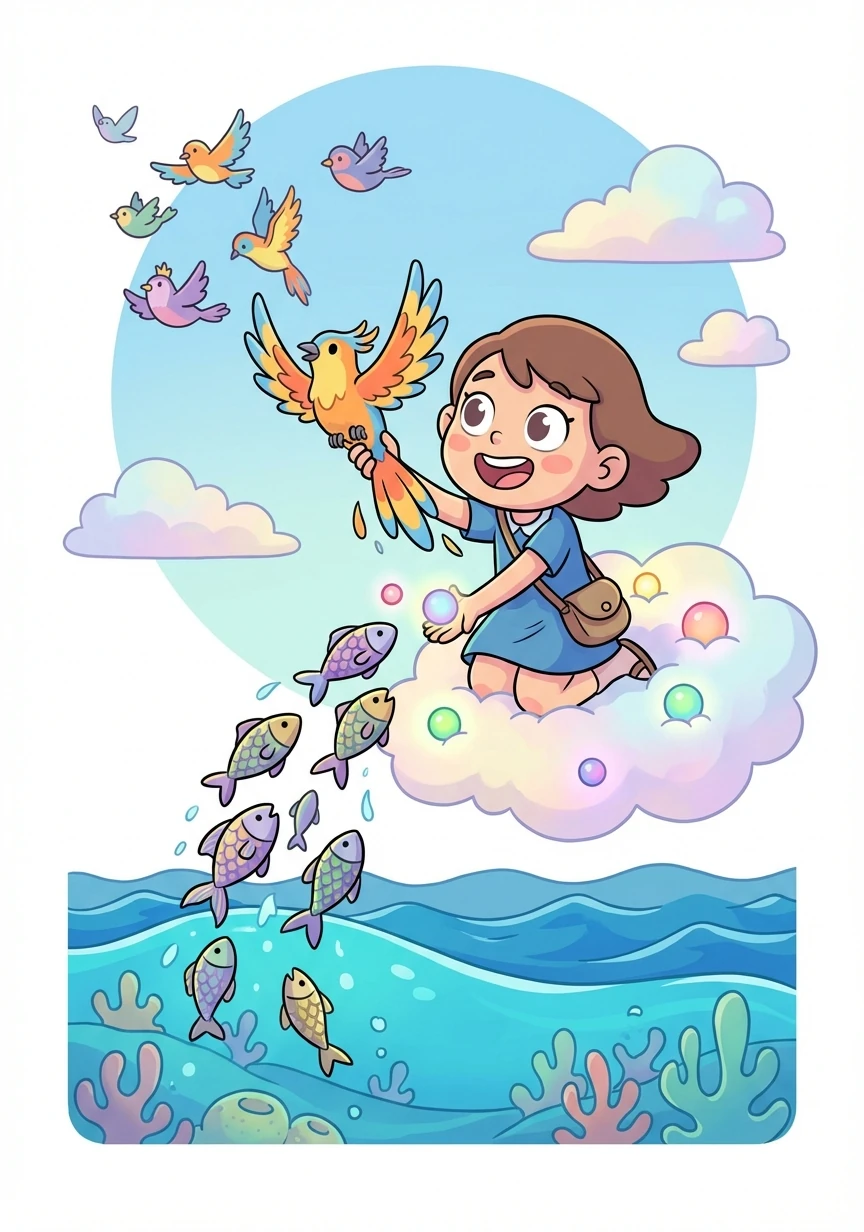 She crafted birds with vibrant feathers to soar through the skies and fish with shimmering scales to swim in the seas.