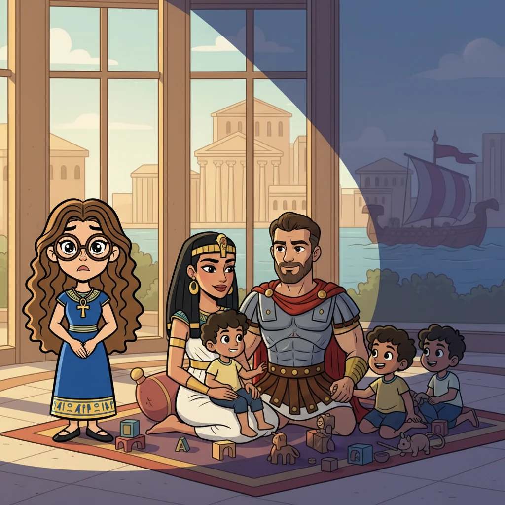 Years pass, and Kayla witnesses the blossoming of Cleopatra's family with Mark Antony. They have children, embodying the hope for a future. The shadow of war looms as Octavian’s forces grow stronger. Political tensions and military movements threaten to shatter their happiness and peace in Alexandria.