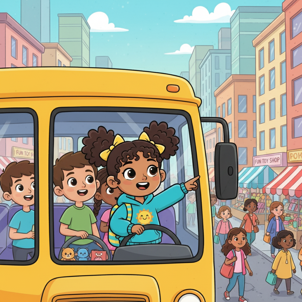 The friends hopped on a bus and traveled to the city center. The bustling streets were filled with people and colorful shops. Maya pointed out interesting things to her friends as they passed by, ready for the day's excitement.