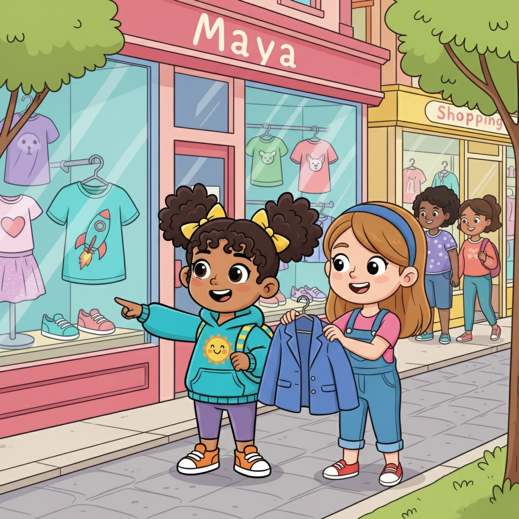 First, they strolled down a busy shopping street, admiring the clothes in the store windows. Maya found a cool T-shirt she loved, and her friend Emma picked out a stylish blue jacket. They giggled as they imagined wearing their new outfits.