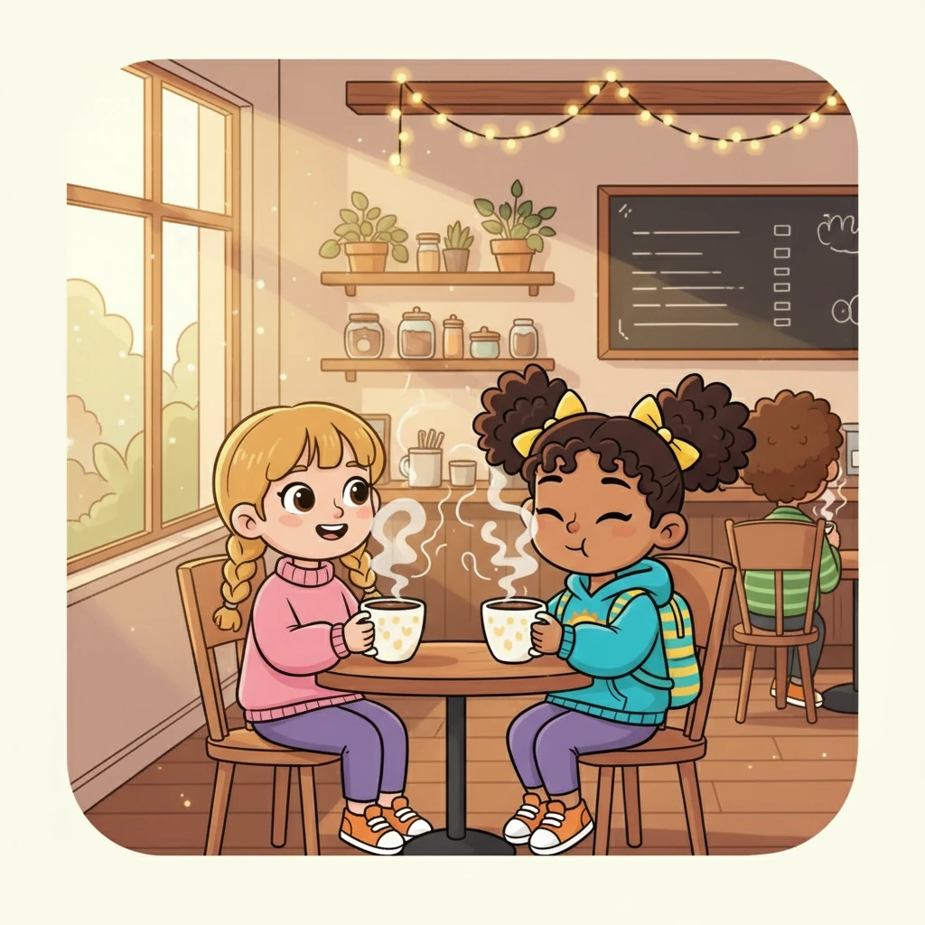 After shopping, they visited a cozy little café, choosing hot chocolate. Steam curled from their mugs, and the sweet aroma filled the air. Maya and her friends savored every sip of the warm, delicious treat.