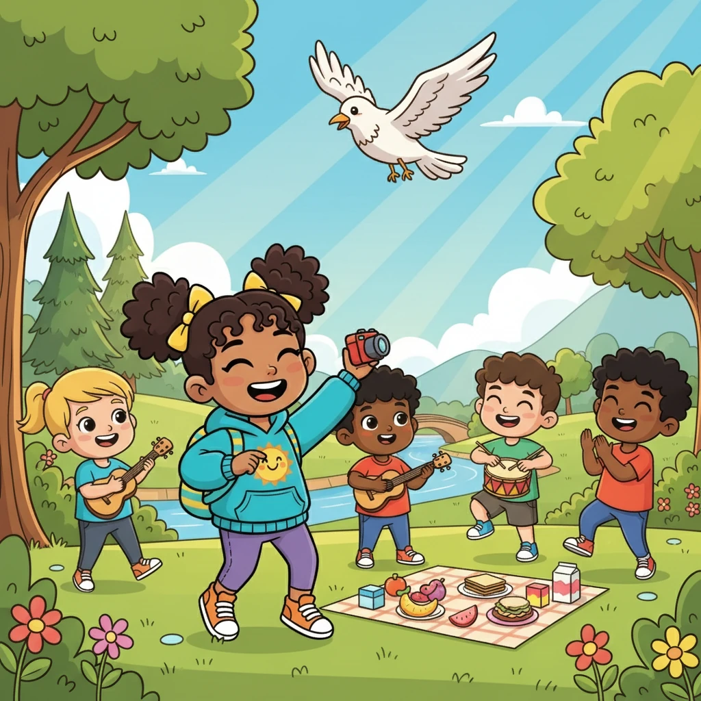 Later, they headed to the park near the river, playing music and dancing on the grass. A big bird soared overhead, and they took pictures to remember the moment. They shared snacks, laughing and enjoying the sunshine.