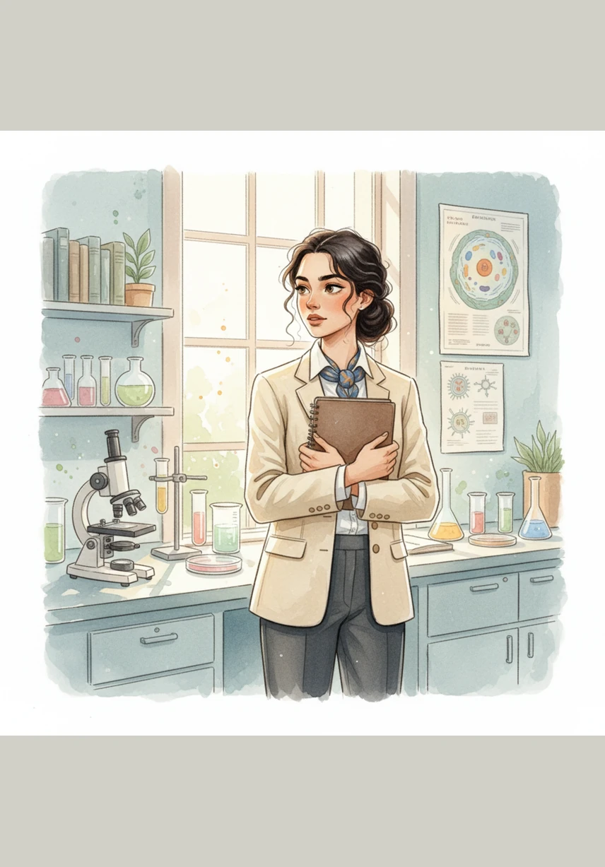 Alaa enters the biology lab on a bright school morning, clutching her notebook with a heart full of curiosity. She gazes at the precision instruments around her, reflecting on how all the scientific topics she studies are beautifully interconnected.