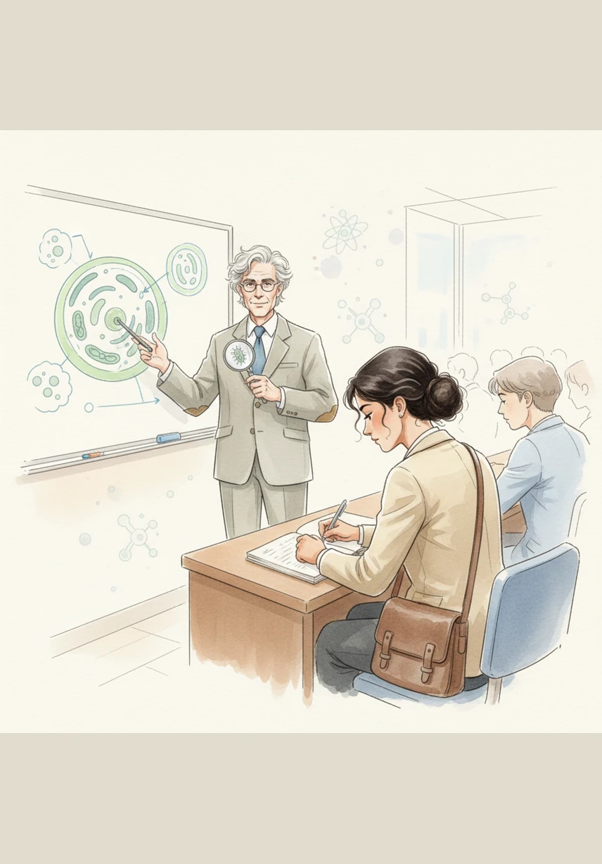 The professor begins the lecture with an engaging explanation of cell biology, describing the cell as the fundamental building block of life. Alaa listens intently and takes detailed notes, realizing that understanding this tiny world is the key to understanding all living beings.