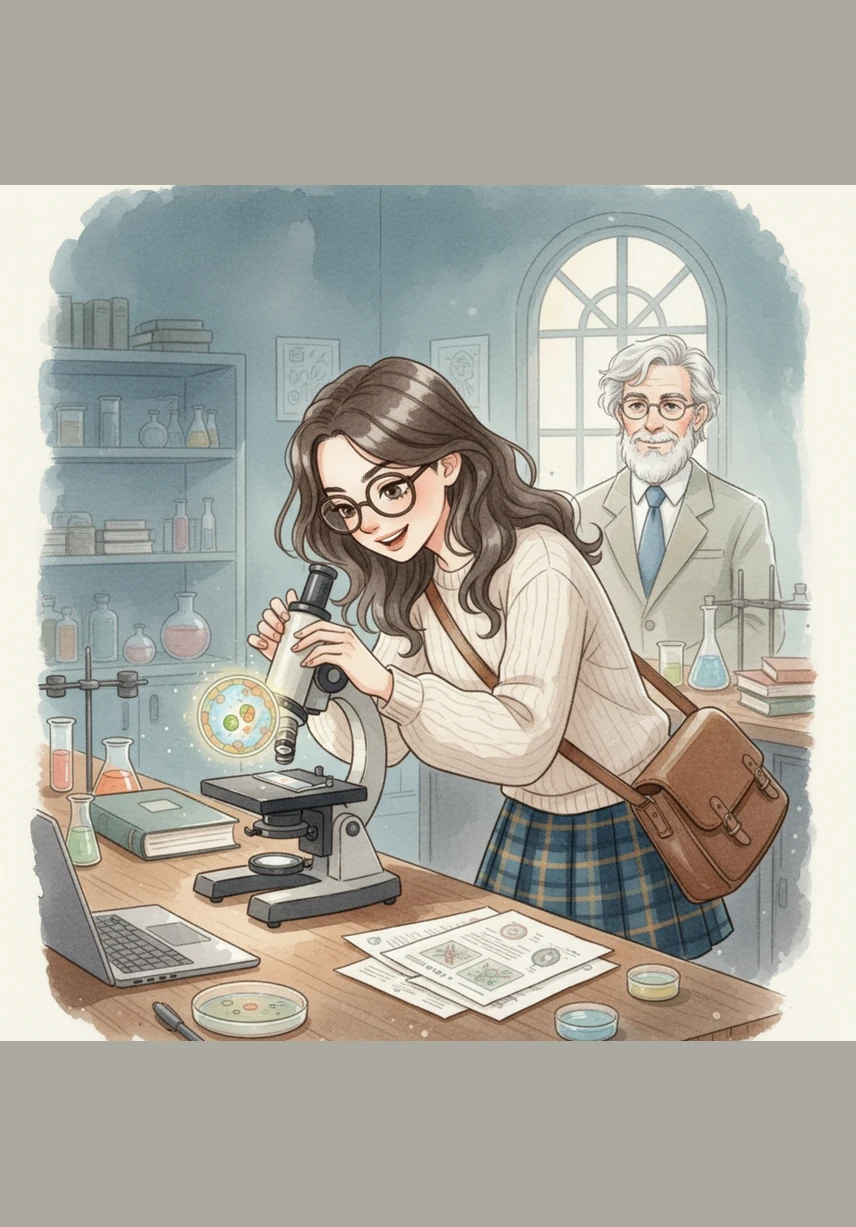 Alaa moves enthusiastically to the laboratory bench, carefully setting up her microscope to examine a plant cell slide. She adjusts the lenses slowly until the hidden details, invisible to the naked eye, come into sharp focus.