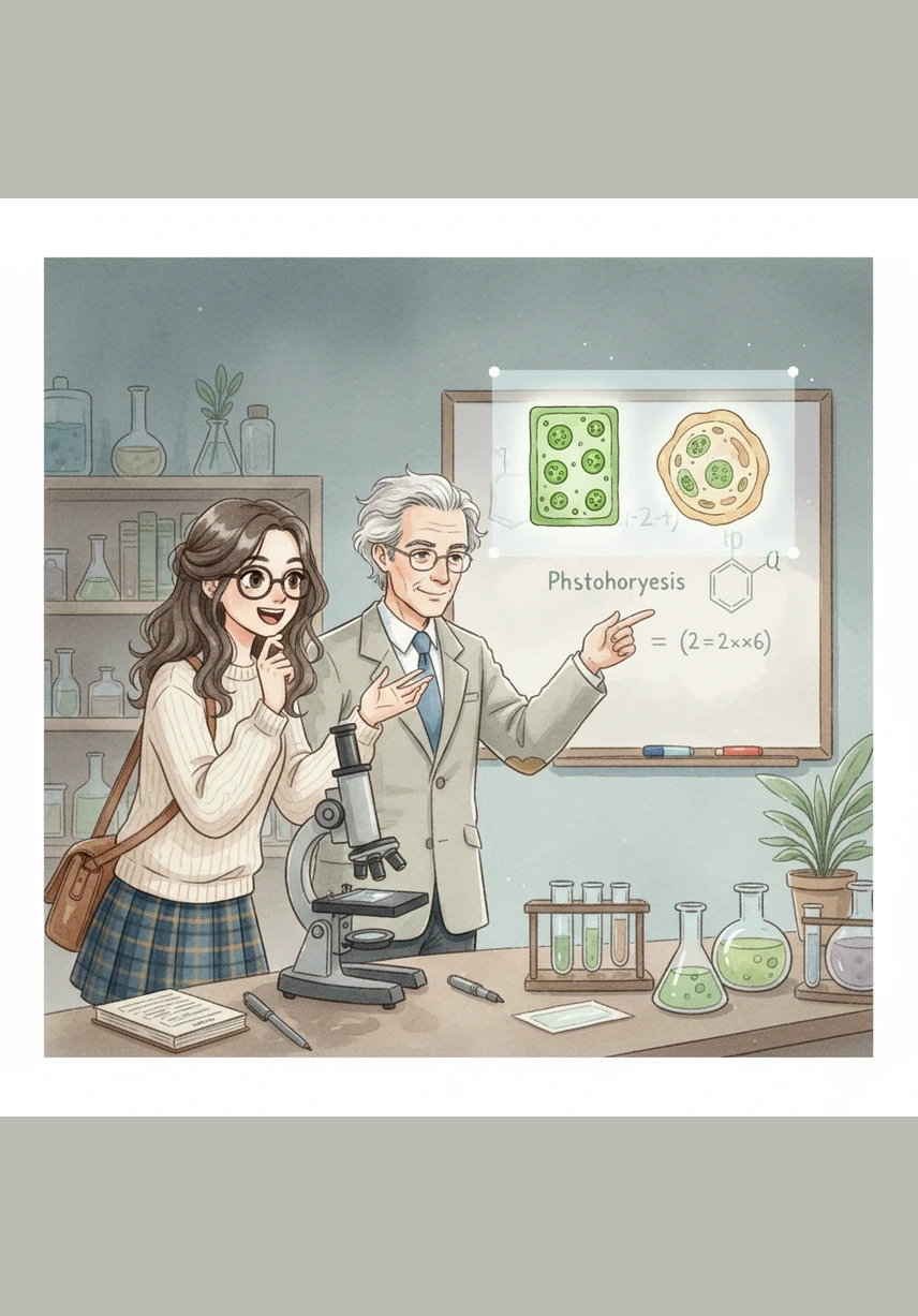 Alaa intelligently compares plant and animal cells, noting the presence of vibrant green chloroplasts in the plant sample. She now understands the secret behind a plant's ability to create its own food through the incredible process of photosynthesis.