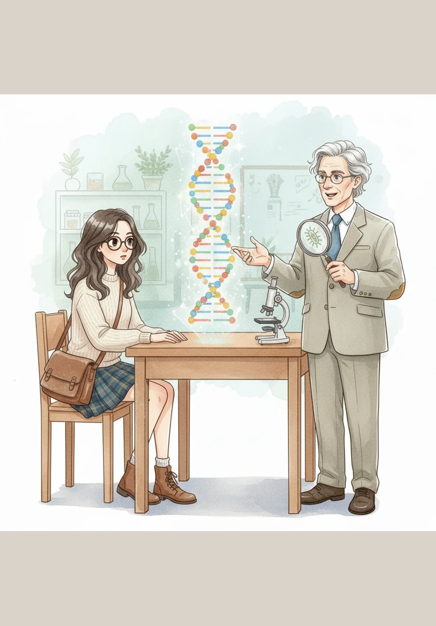 The lesson transitions to the fascinating world of genetics, where Alaa learns how traits are passed from parents to offspring. She is fascinated by the power of DNA and its ability to carry the blueprints for building an entire living organism.