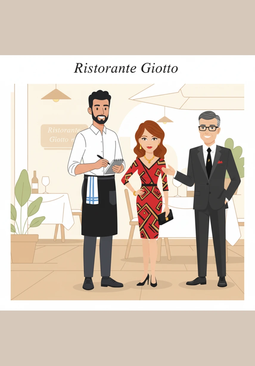 Marco stands at the entrance of Ristorante Giotto, wearing a crisp white apron and a warm smile. He greets Mr. and Mrs. Ferrari as they arrive for their evening reservation, checking his guest list with professional grace.