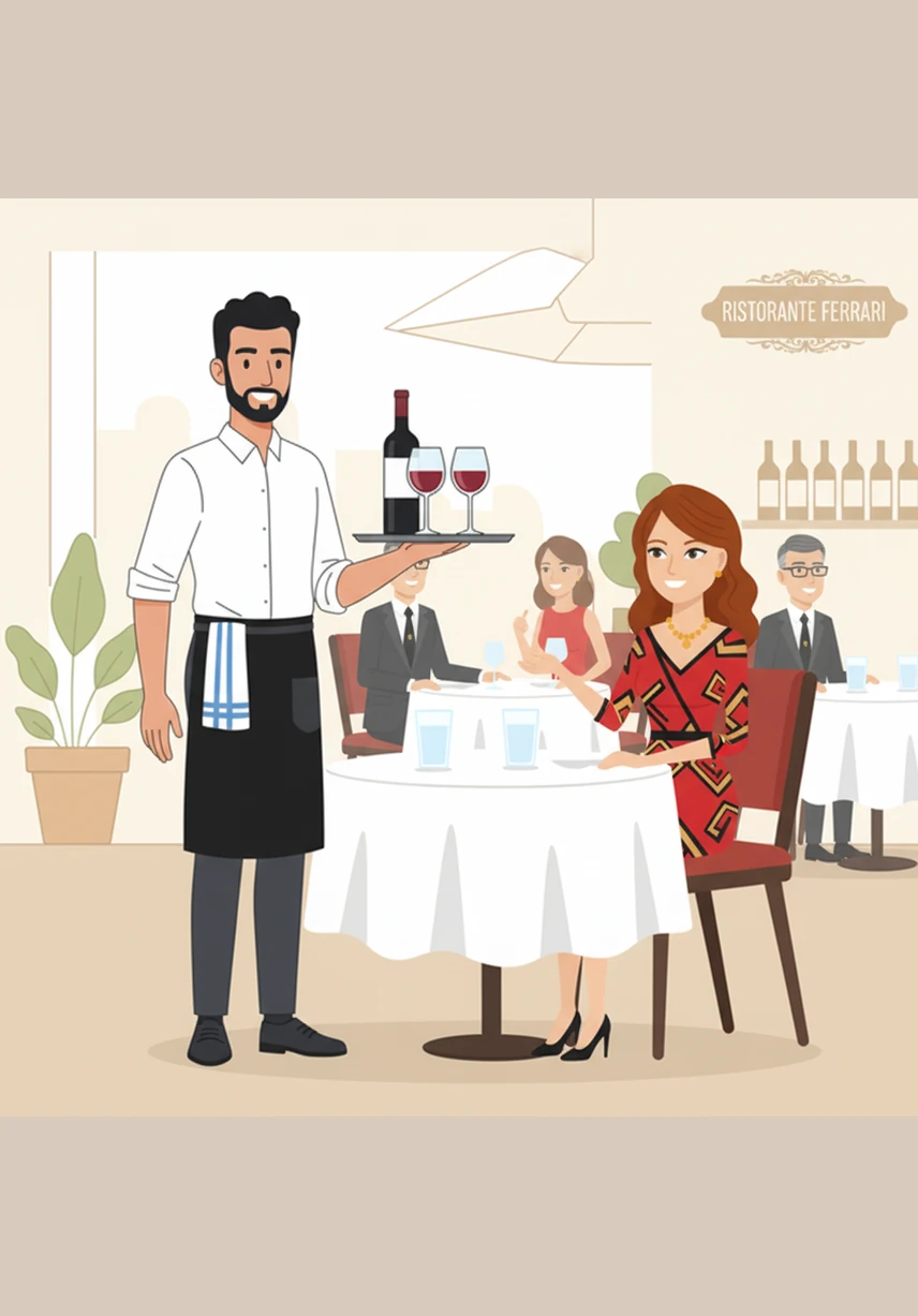 Leading the couple through the elegant dining room, Marco asks if they would prefer the cozy interior or the breezy outdoor terrace. The Ferraris choose a beautiful table outside overlooking the sun-drenched Italian coast.