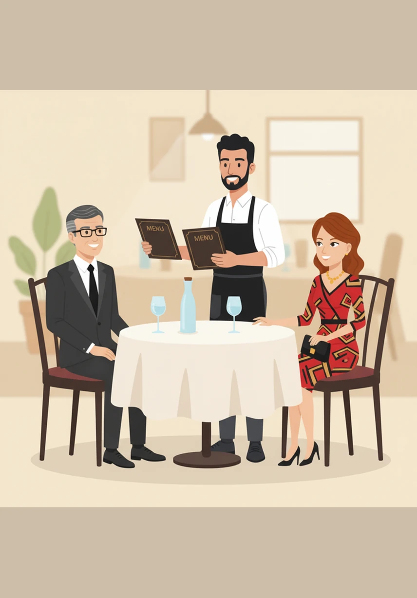 Once the guests are comfortably seated, Marco presents the beautifully bound menus with a flourish. He asks if they would like to start with some refreshing beverages while they browse the evening's culinary selection.