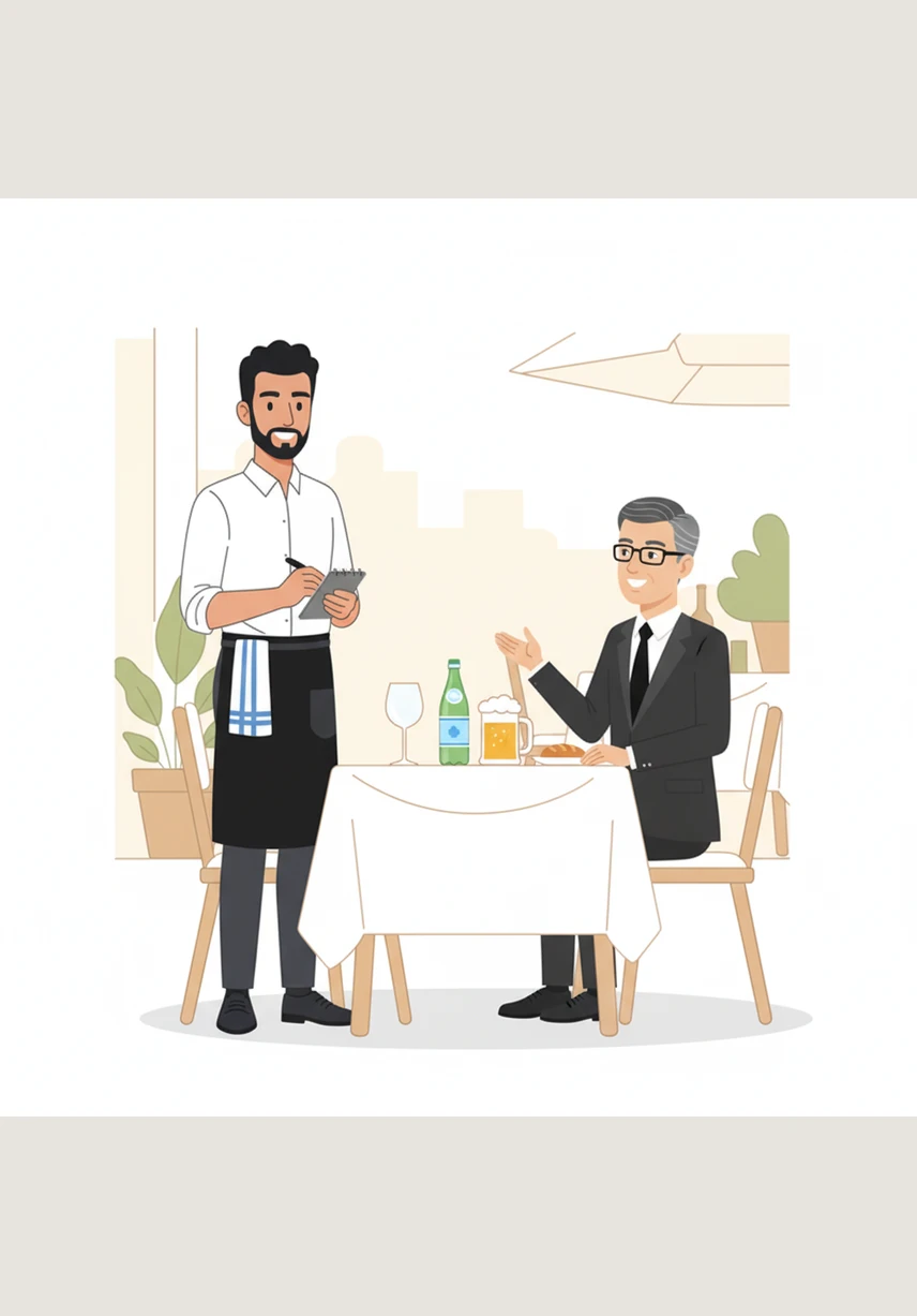 The Ferraris order a chilled glass of Vermentino, a cold beer, and a bottle of sparkling water. Marco notes their choices carefully, promising to return quickly with their drinks to start their evening right.