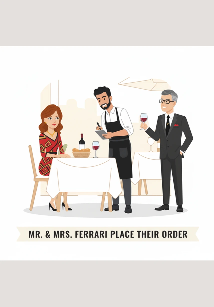 Mr. Ferrari expresses a concern about a shellfish allergy while looking at the Calamaro Ripieno. Marco explains the ingredients clearly, noting it contains shellfish, gluten, egg, and milk, and offers to recommend a safer alternative.