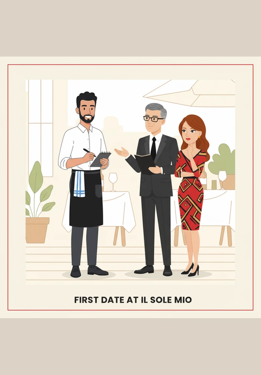 As the couple decides on their main courses—beef for one and fish for the other—Marco suggests the perfect wine pairings. He explains how a bold local red will complement the Filetto di Manzo while a crisp white enhances the delicate fish.