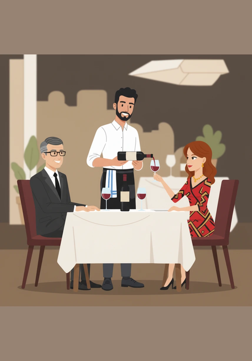 To ensure their complete satisfaction, Marco offers to bring a small taste of the recommended wines. He pours a sample with grace, allowing the Ferraris to experience the bouquet and flavor before they make their final choice.