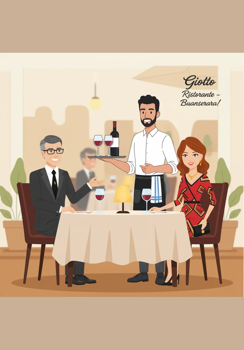 With the orders placed and the wine flowing, the Ferraris relax into the evening's ambiance. Marco retreats with a respectful nod, happy to have provided a seamless and welcoming start to their meal at Giotto.