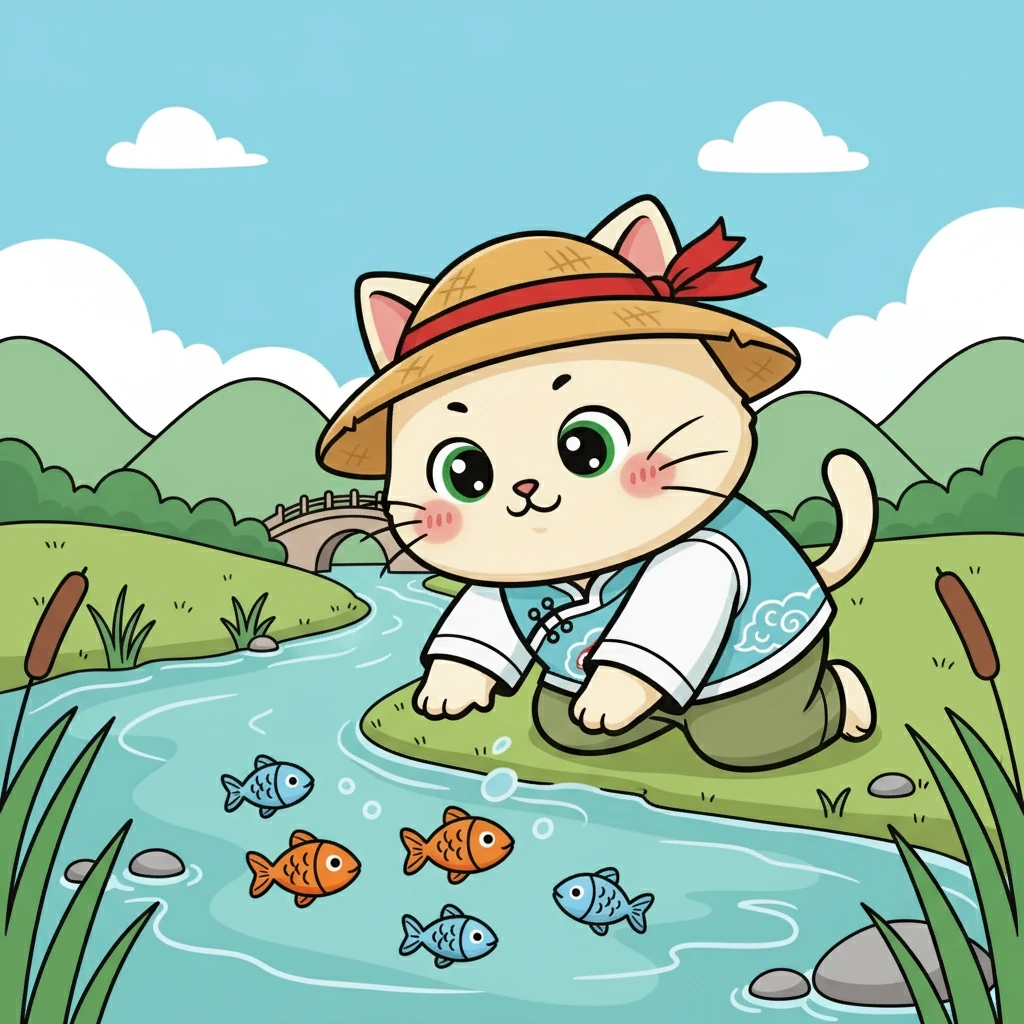 花花是一只毛茸茸的小猫，她有着一双水汪汪的大眼睛。一天，她好奇地来到了小河边，看到许多小鱼在水中游来游去。