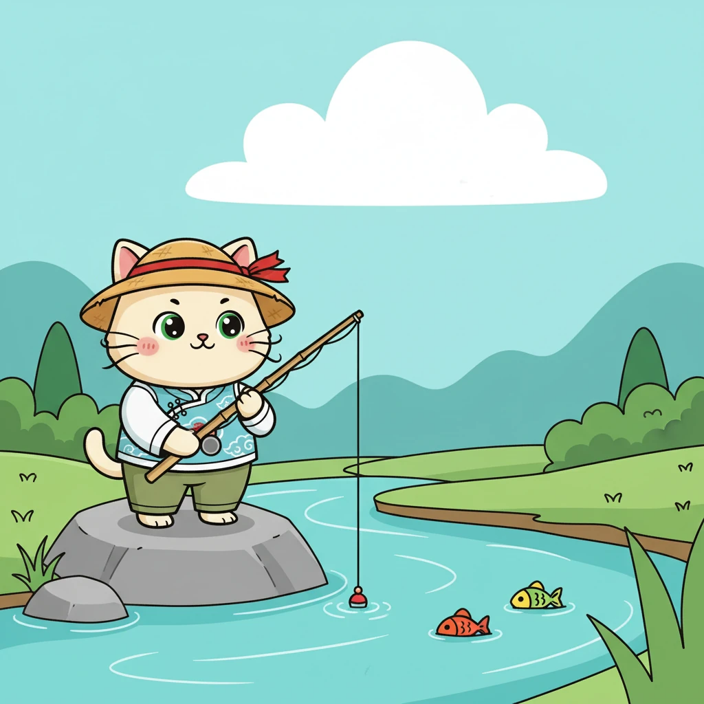 花花的好奇心被激发了，她想：如果能钓到鱼，那该有多好呀！于是，她决定开始学习钓鱼，准备好了一根小小的鱼竿。
