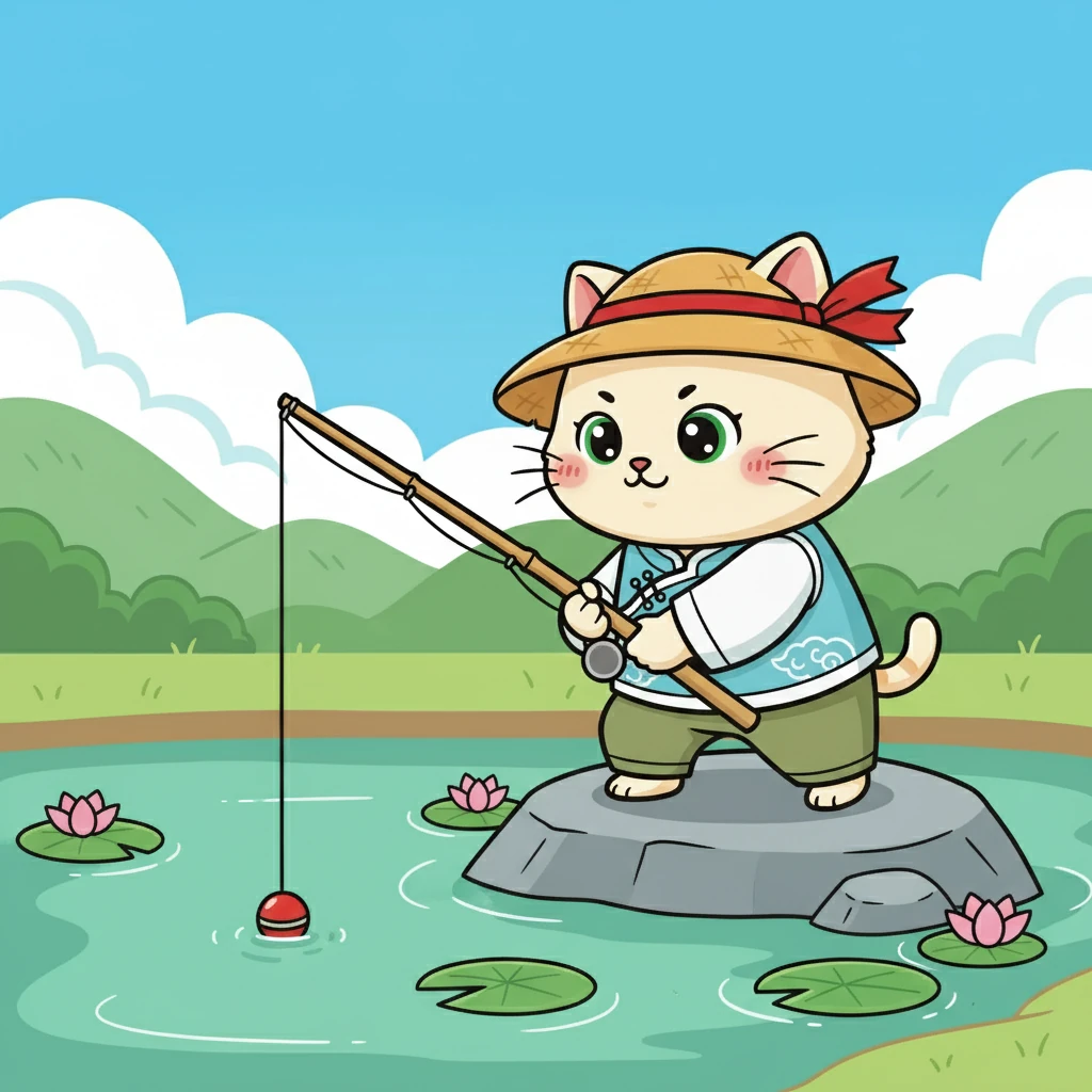 花花学着大人的样子，把鱼饵挂在鱼钩上，然后小心翼翼地把鱼钩抛入水中。她目不转睛地盯着水面，等待着鱼儿上钩。