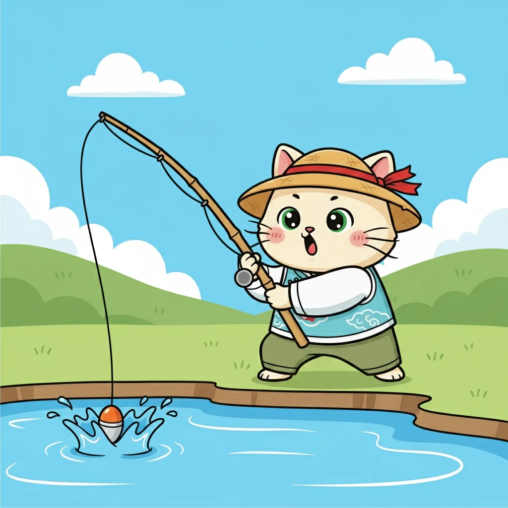 突然，浮漂动了一下！花花猛地回过神来，赶紧用力拉起鱼竿。她感觉鱼竿沉甸甸的，好像钓到了什么东西。