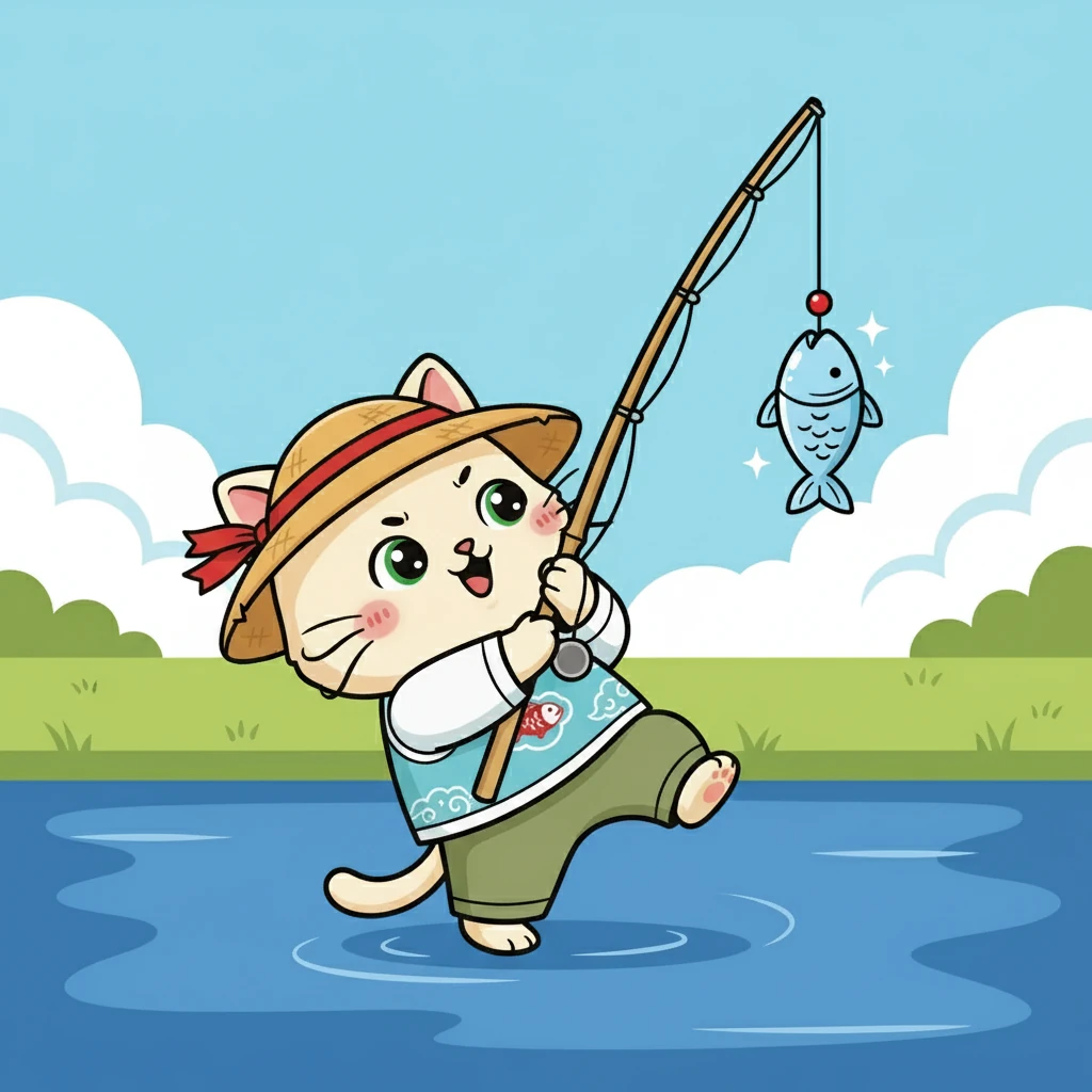 花花使出浑身力气，终于把鱼拉了上来！哇，一条银色的小鱼在鱼钩上挣扎着，闪闪发光。