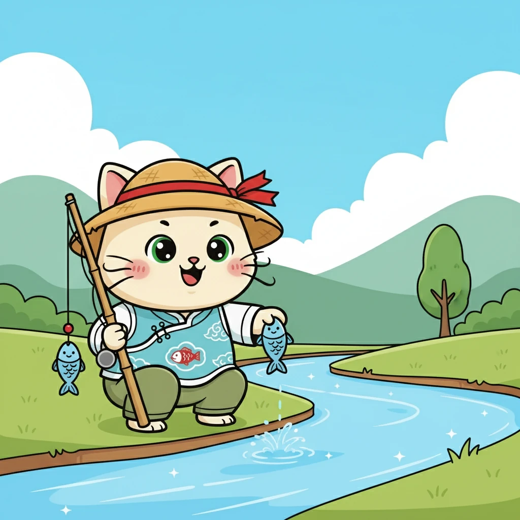 花花开心地笑了，她成功钓到了第一条鱼！她小心翼翼地把小鱼从鱼钩上取下来，然后轻轻地把它放回了小河里。