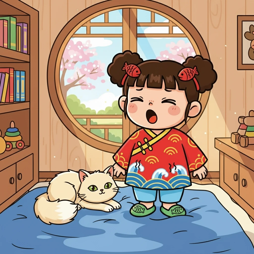 咪咪是一只毛茸茸的小猫，她有着蓬松的尾巴和闪闪发光的眼睛。今天，阳光明媚，咪咪醒来时，肚子咕咕叫着，她决定去找点好吃的。