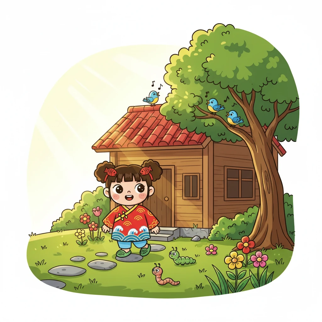 她走出家门，好奇地看着周围的世界。清晨的阳光洒在绿色的草地上，鸟儿在树上欢快地歌唱。咪咪开始寻找她的美味午餐。