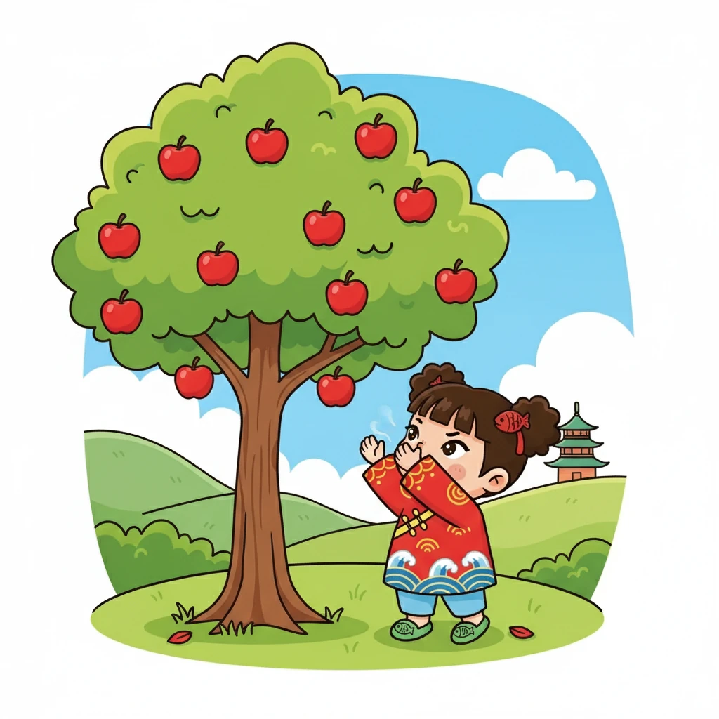 首先，咪咪来到了一棵苹果树下。她嗅了嗅，发现树上结满了红彤彤的苹果。咪咪尝试着爬上去，但苹果对她来说太高了。