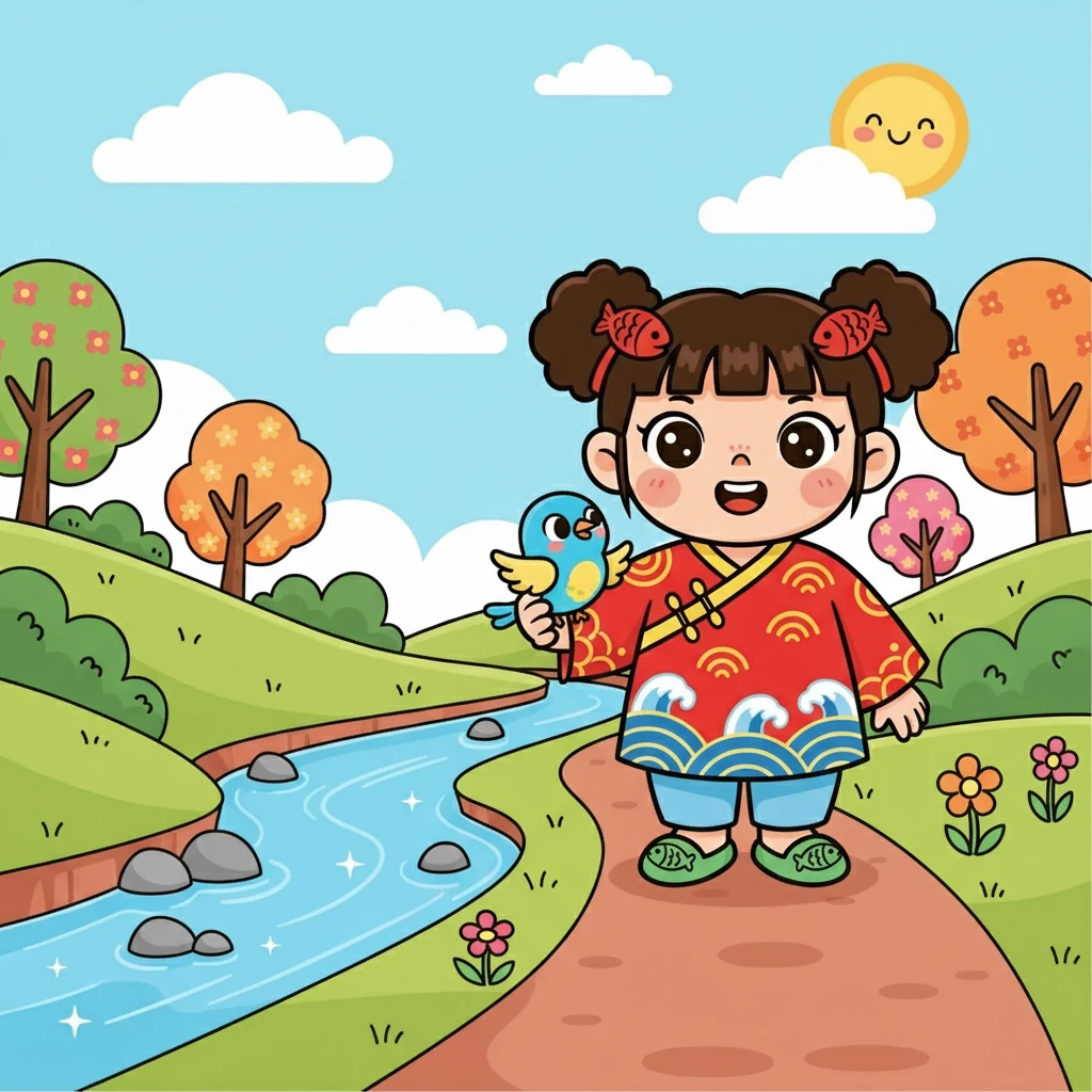 小鸟告诉咪咪，在小溪边或许能找到好吃的。于是，咪咪和小鸟一起，沿着小路，来到了清澈的小溪边。