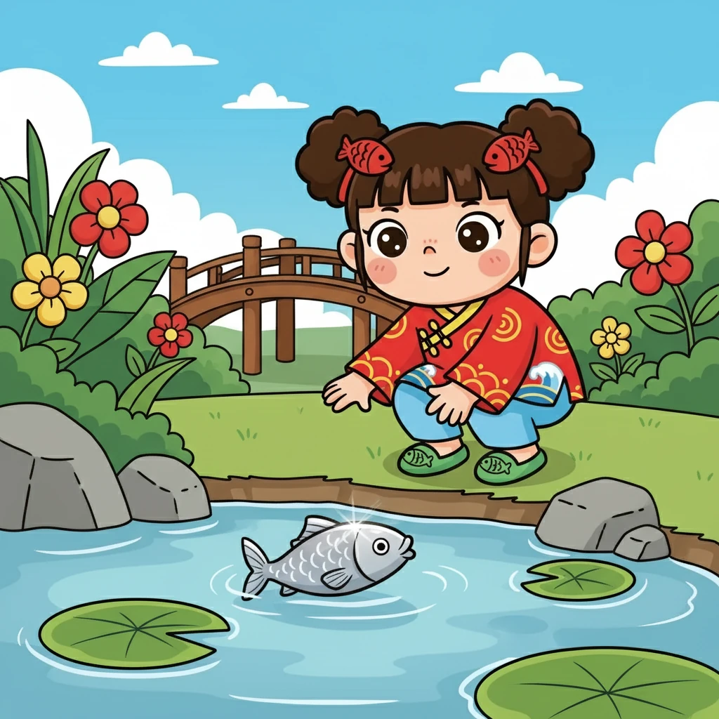 咪咪好奇地探头探脑，突然，她看到水里有一条银光闪闪的鱼！咪咪兴奋极了，她小心翼翼地靠近，准备抓住这条鱼。