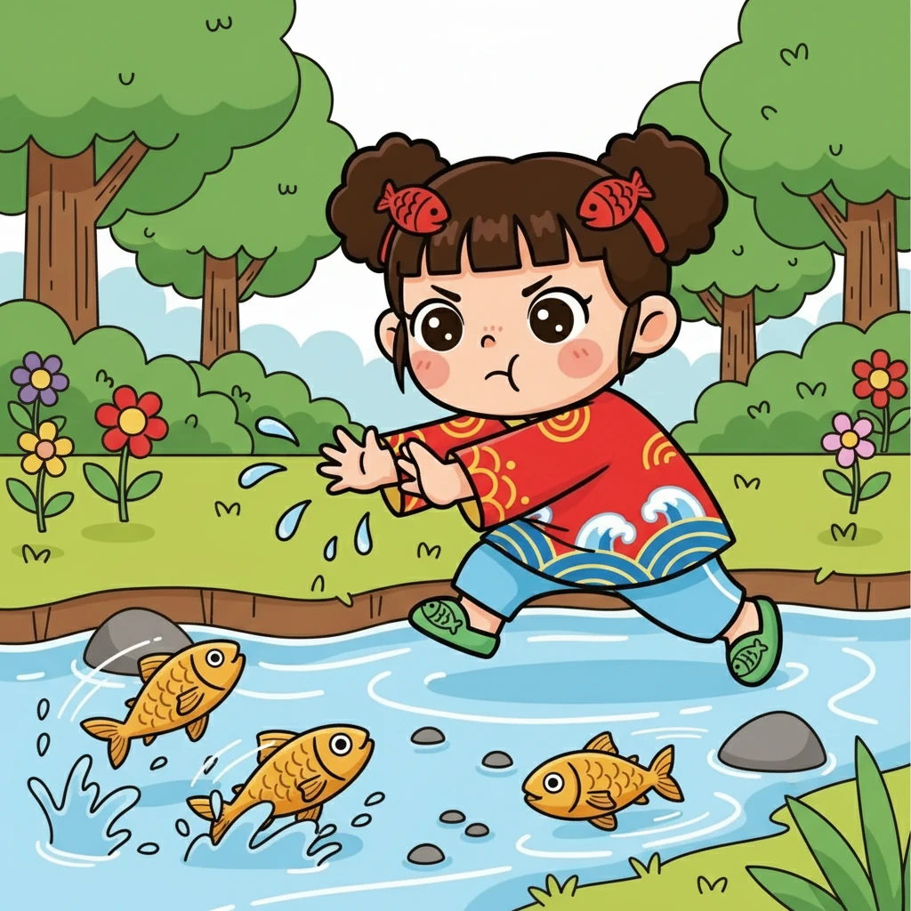 咪咪屏住呼吸，猛地一扑！但是，鱼太滑了，咪咪扑了个空。她有点沮丧，但她没有放弃。