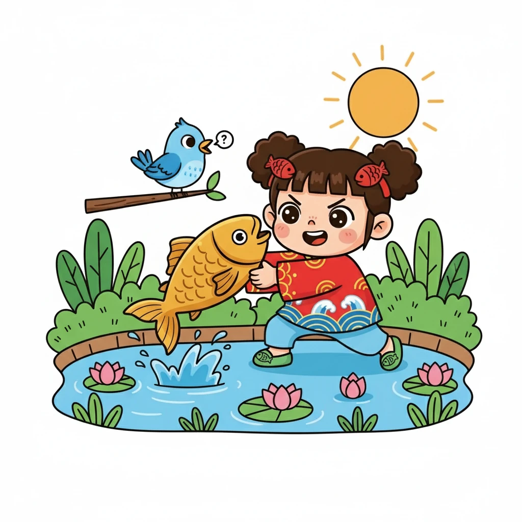 小鸟鼓励咪咪说：“别灰心，咪咪！再试试！”咪咪深吸一口气，再次尝试，终于，她抓住了那条鱼！